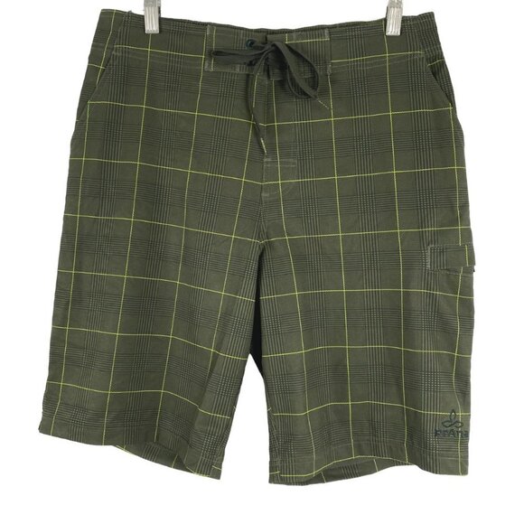 Prana Basalt Studio Board Shorts Men's Size 32 Green Plaid Unlined SW-1660 - Picture 1 of 10